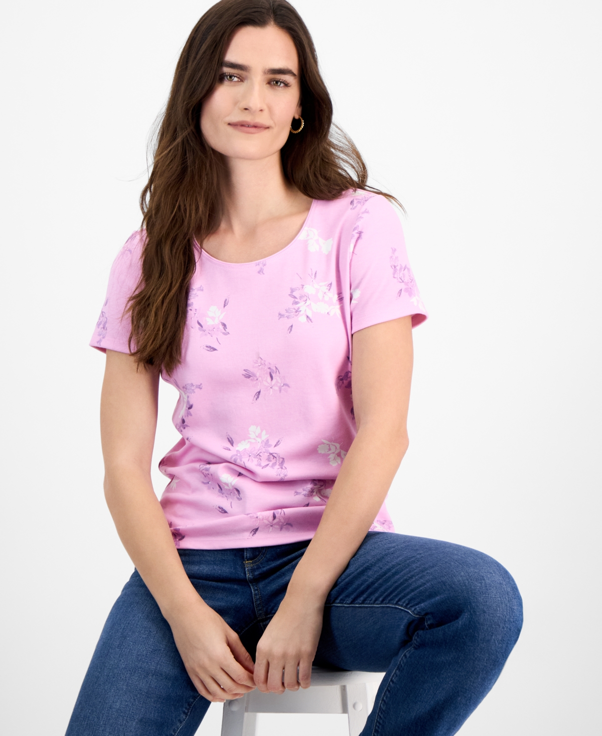 Style & Co Women's Printed Scoop-neck Short-sleeve T-shirt, Exclusively At Macy's In Pink Floral
