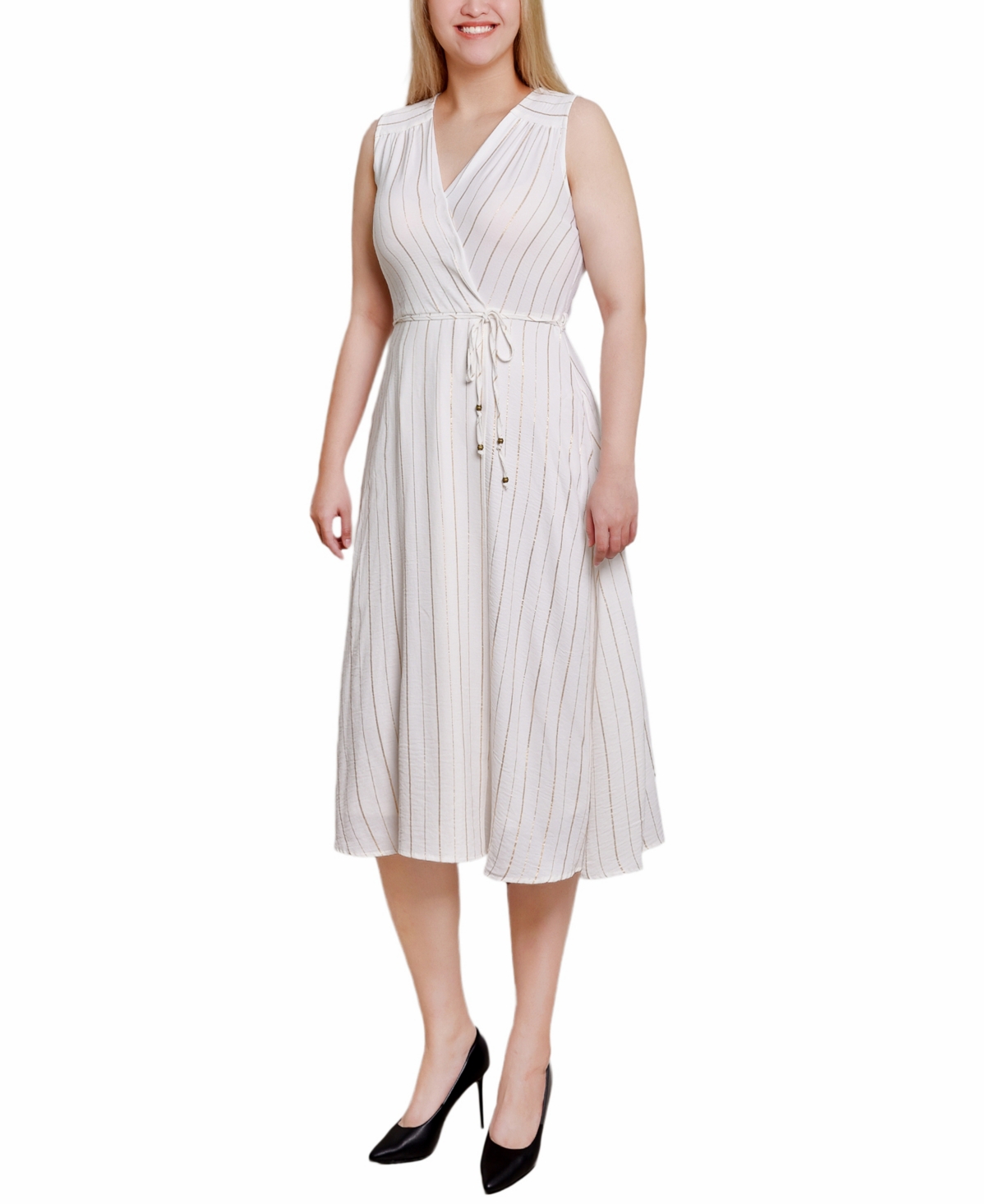 Ny Collection Women's Sleeveless Surplice Vertical Stripe Dress In White Gold