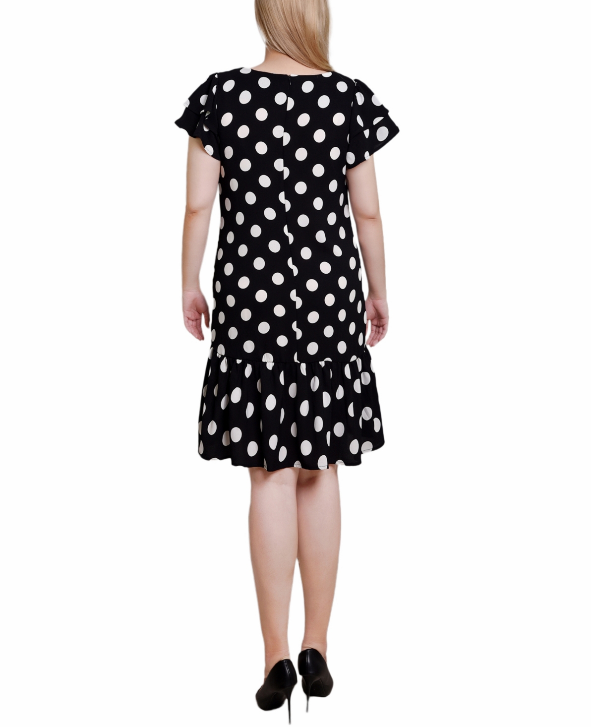 Ny Collection Women's Double Layer Flutter Sleeve Dress In Black White Big Dot