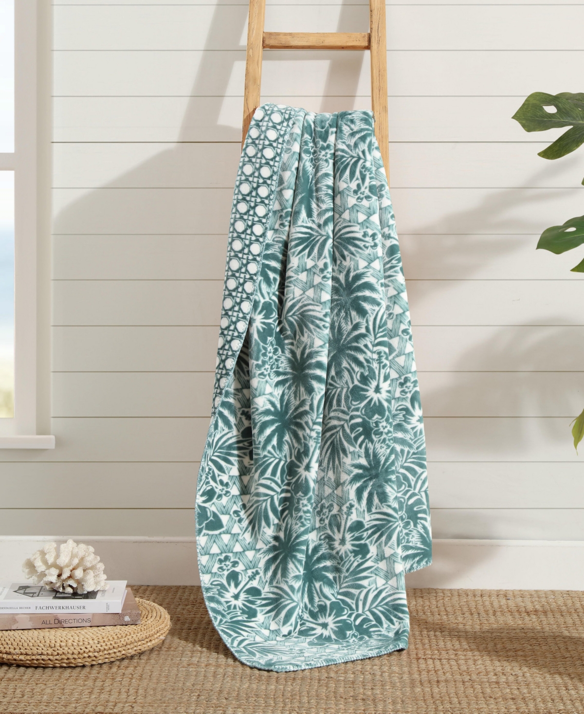 Tommy Bahama Home Closeout!  Flannel Throw, 70" X 50" In Green Lanikai Fronds