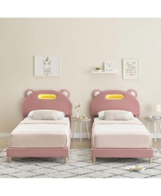 LED Twin Bed Frame with  Upholstered Adjustable Headboard, Velvet Platform, Wooden Slat Support, Noise-Free, No Box Spring Needed, Easy Assembly