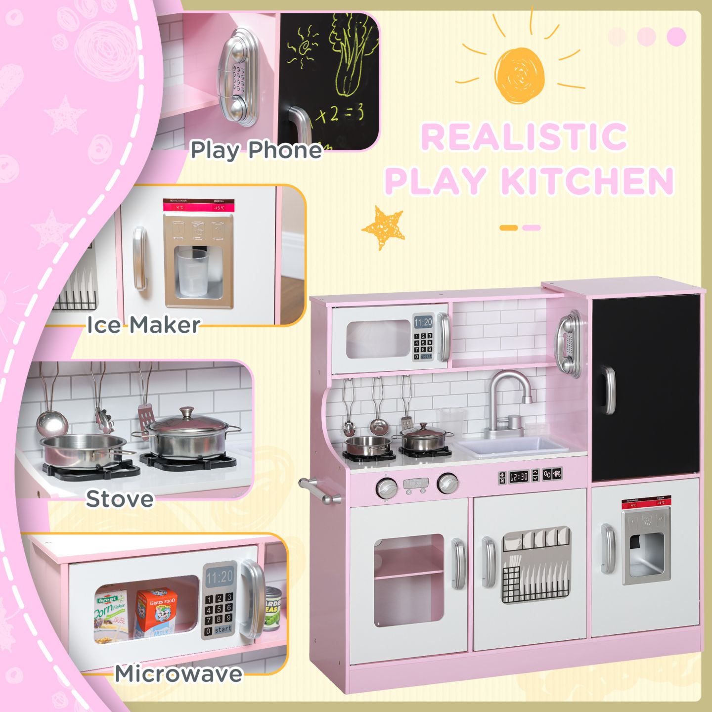Детские игрушки Qaba Chalkboard Toy Phone Play Kitchen with 5-Piece Accessory Set, Ages 3+, цвет: Розовый — фото 5