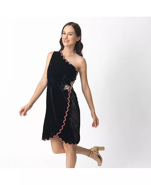 women's black velvet mini wrap dress with hand embroidery