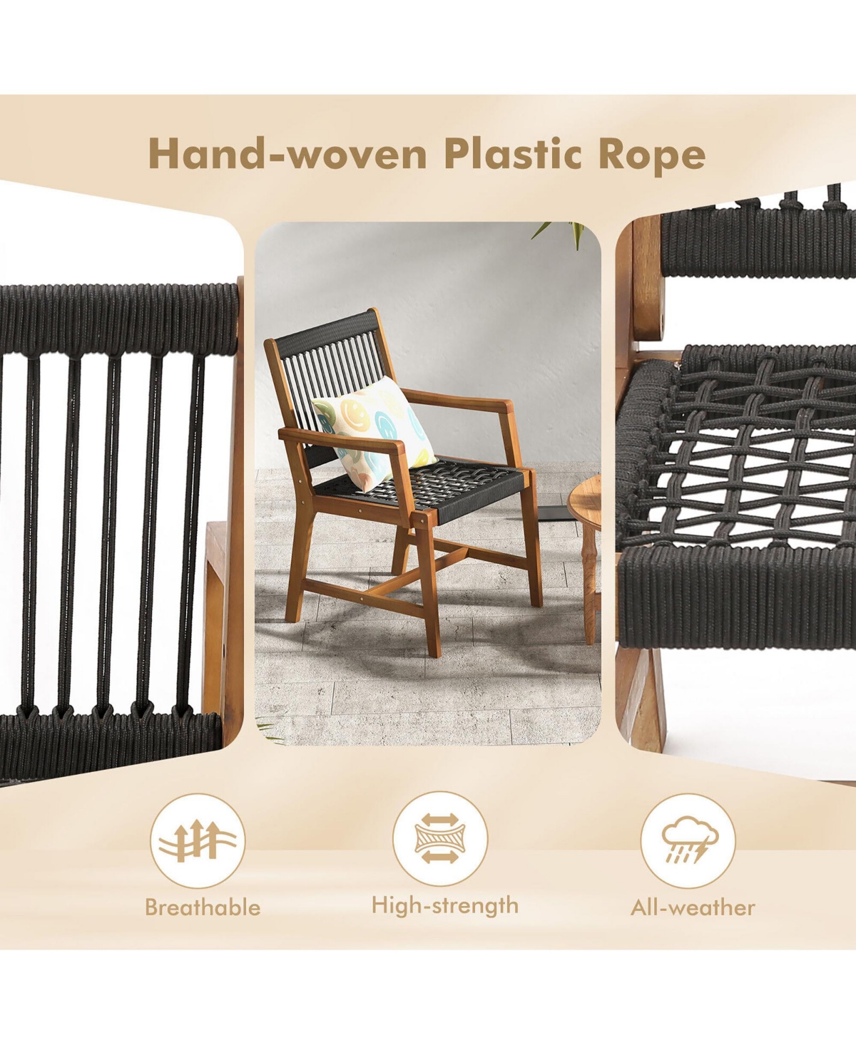 Gymax Patio 4PCS Acacia Wood Dining Chairs All-Weather Rope Woven Armchairs Outdoor - Black+natural