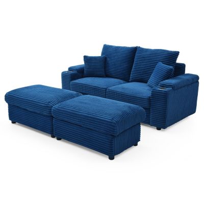Streamdale Corduroy Loveseat with Ottomans & Pillows