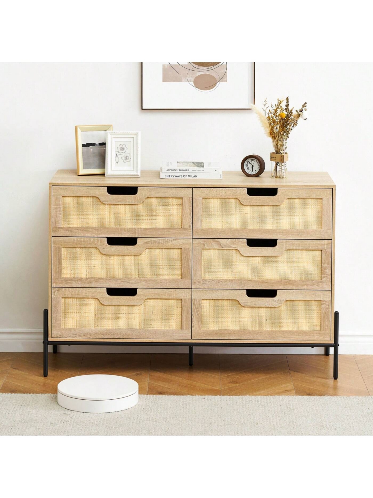 gaomon 6 Drawers Dresser For Bedroom, Natural Rattan Drawer With Spacious Storage, Wood Chest Of Drawers With Metal Legs For Bedroom, Living Room, Hal