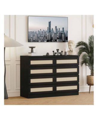 8 Drawer Double Dresser For Bedroom, Rattan Chest Of Dressers, Modern Wooden Dresser Chest