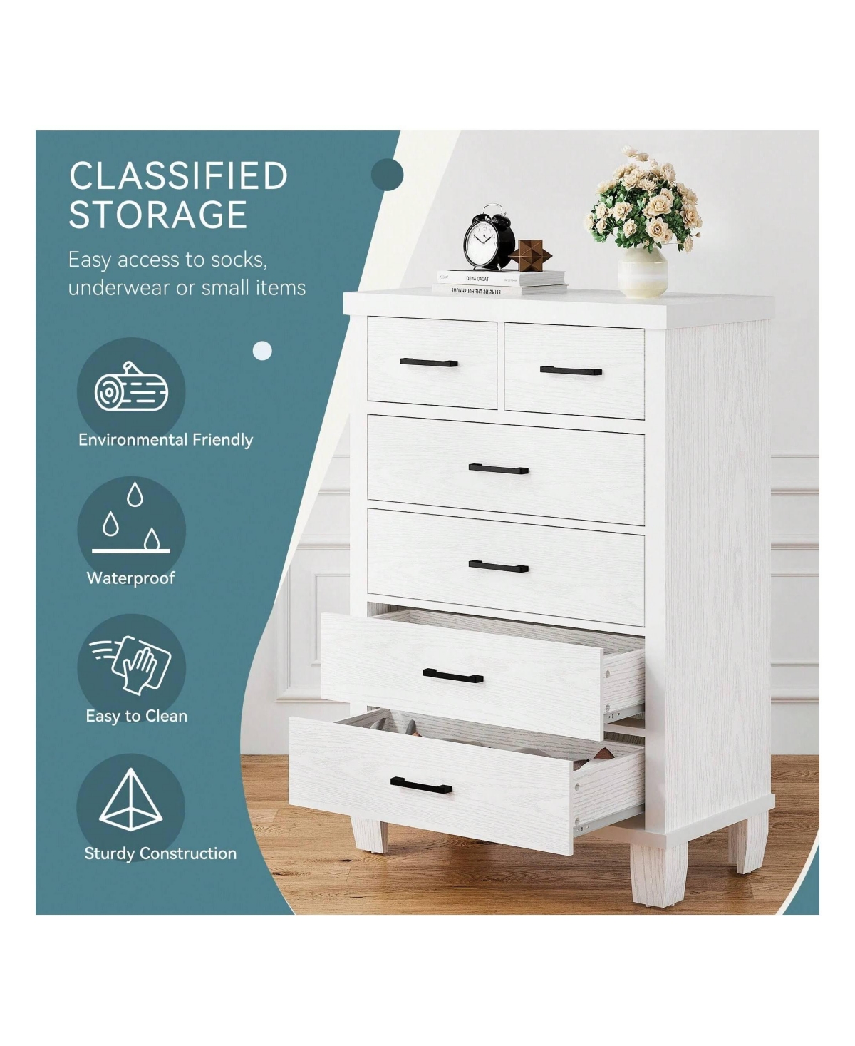 gaomon Dresser For Bedroom, 6 Drawer Dresser With Metal Handles,Chest Of Drawers Closet Organizers And Storage Clothes, Wood Drawer Dresser For