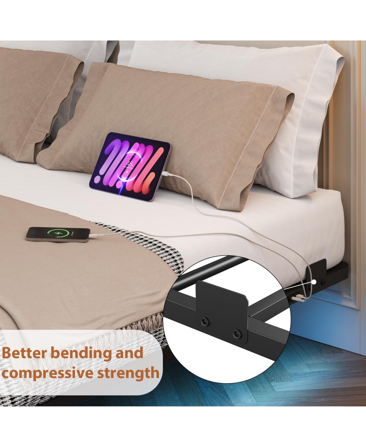 gaomon Floating Bed Frame, Size Bed Frame with Led Lights, Charging Station, Metal Platform Bed Frame