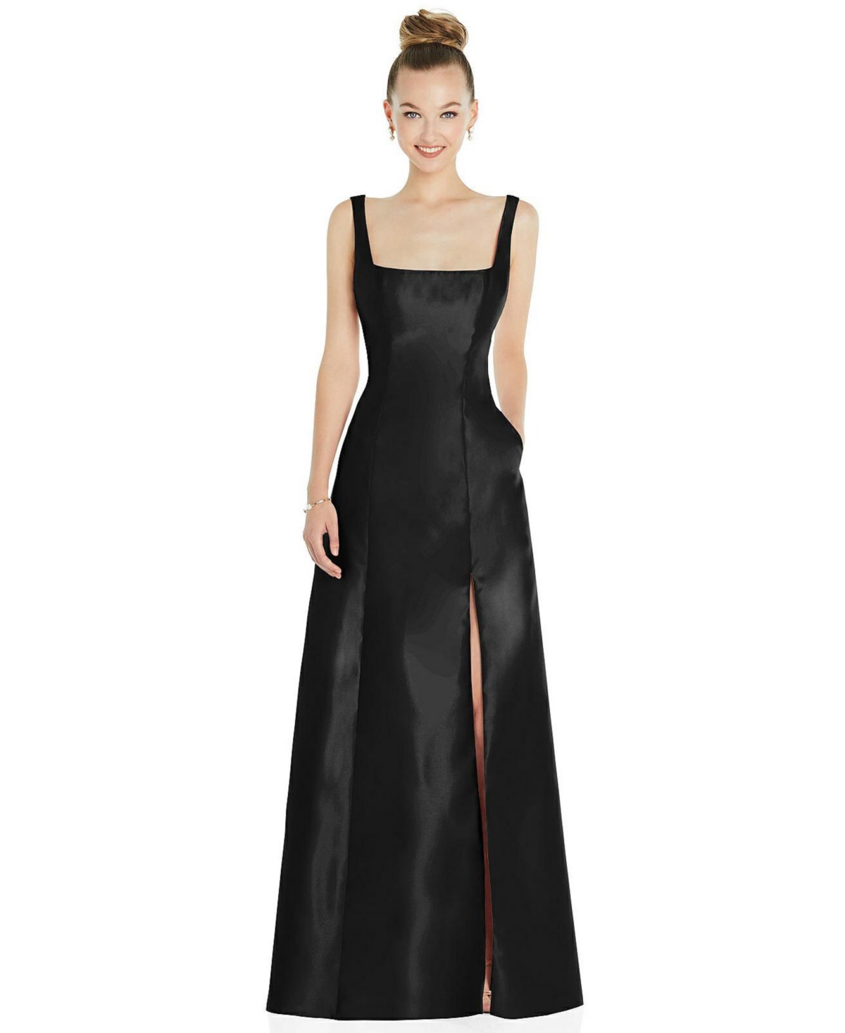 Plus Size Sleeveless Square-Neck Princess Line Gown with Pockets - Black