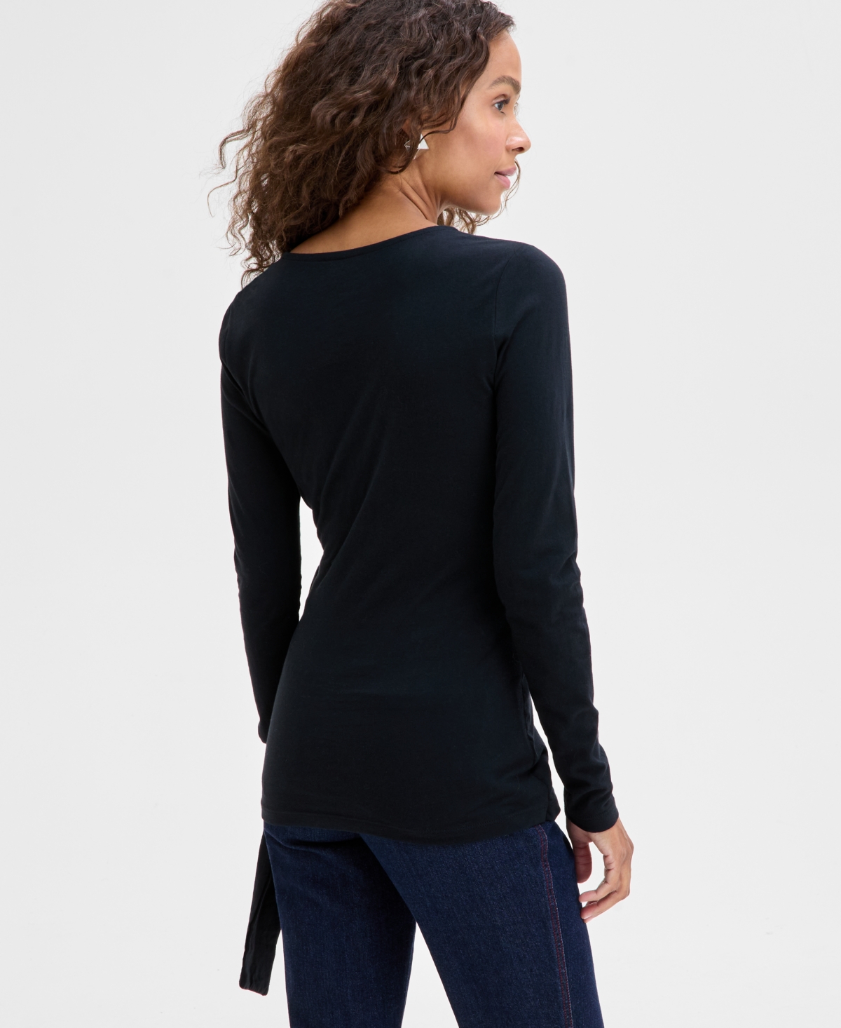 Inc International Concepts Women's Cotton Long Sleeve Faux-wrap Top, Exclusively At Macy's In Deep Black