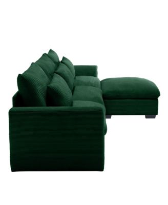 Corduroy Sectional Sofa, L Shaped Couch with Storage Footstool and 3 Pillow, Sectional Couch for Living Room Apartment, Green