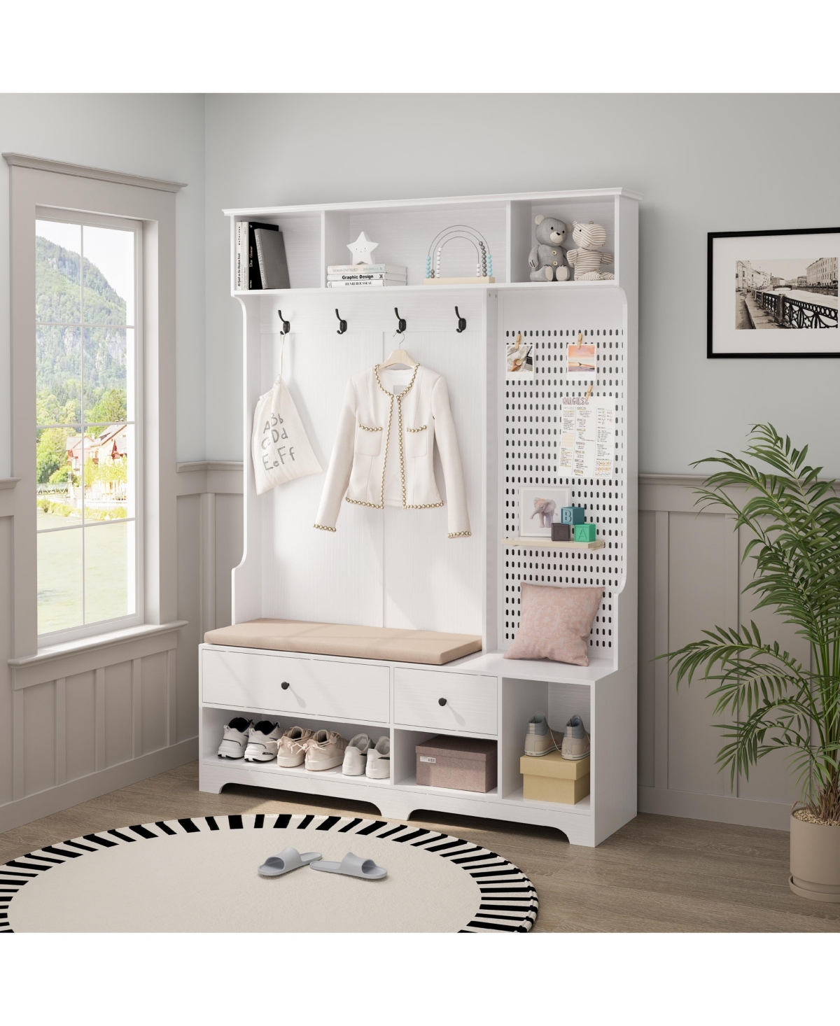 Streamdale Furniture Multi-purpose Hallway Hall Tree with Removable Linen Cushioned Entryway Bench, Coat Rack, Storage Shelves, and Diy Pegboard,for H