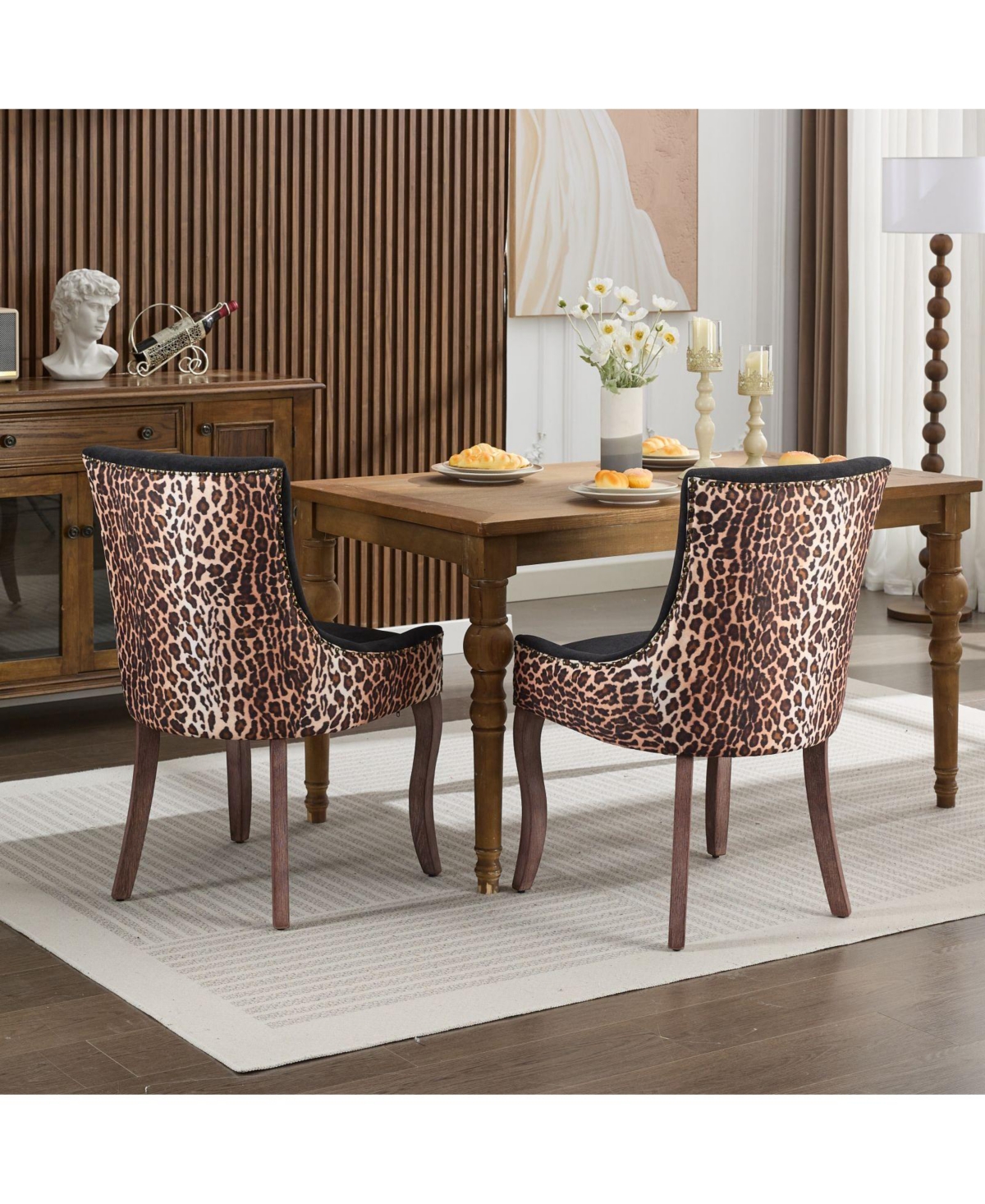 Streamdale Furniture Ultra Side Dining Chair, Thickened fabric chairs with neutrally toned solid wood legs, Bronze nail head, Set of 2Print