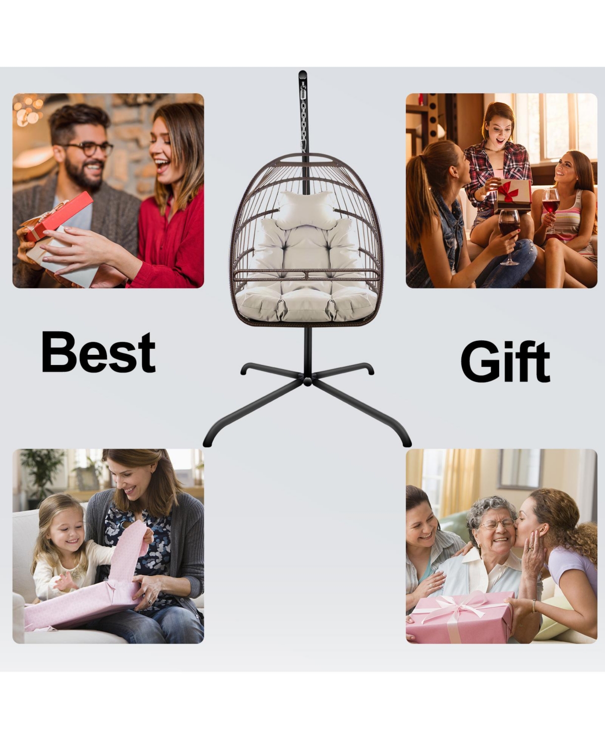 Streamdale Furniture Swing Egg Chair with Stand Indoor Outdoor Wicker Rattan Patio Basket Hanging Chair with C Type bracket, with cushion and pillow,P