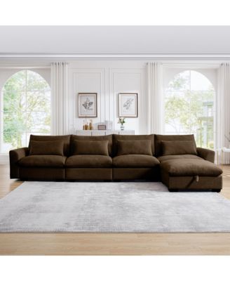 Large L Shape Sectional Corduroy Sofa,Deep Seat Couch with Storage Footstool and 4 Waist Pillows, Brown