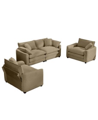 Warm and Cozy Sofa Set with Soft Cushions and Pillows, Home Theater Style Sofa Set Consisting of One 2-Seater Sofas and Two Single Sofa in Tan Corduroy Fabric