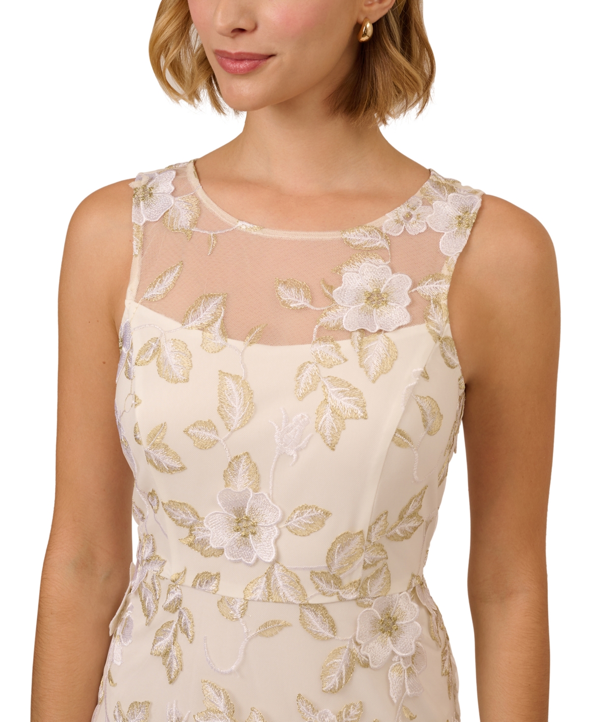 ADRIANNA PAPELL WOMEN'S FLORAL EMBROIDERY ILLUSION FIT & FLARE MIDI DRESS 