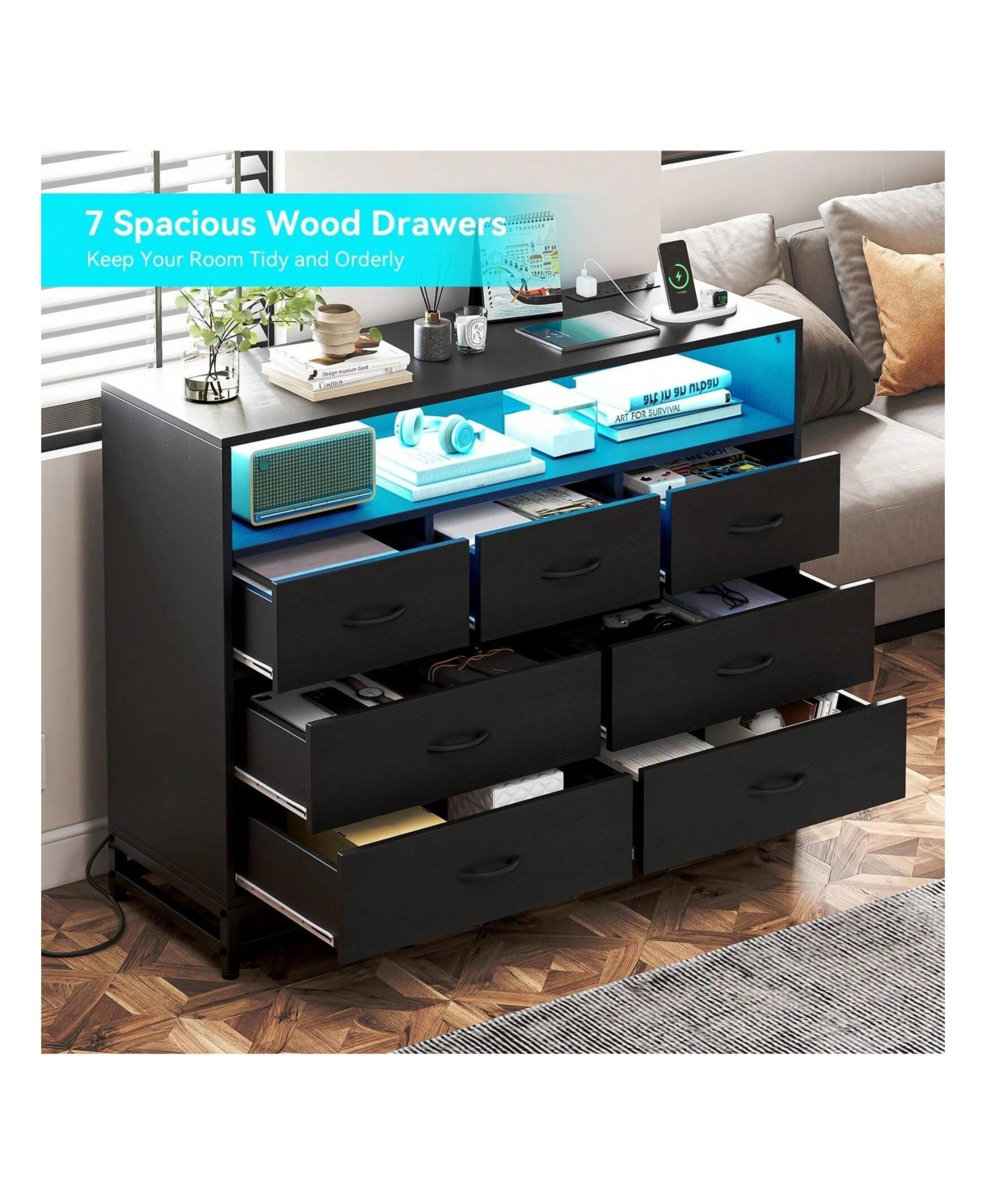 gaomon White Dresser For Bedroom, Modern 7 Drawers Long Dresser With Charging Station And Led Lights Design