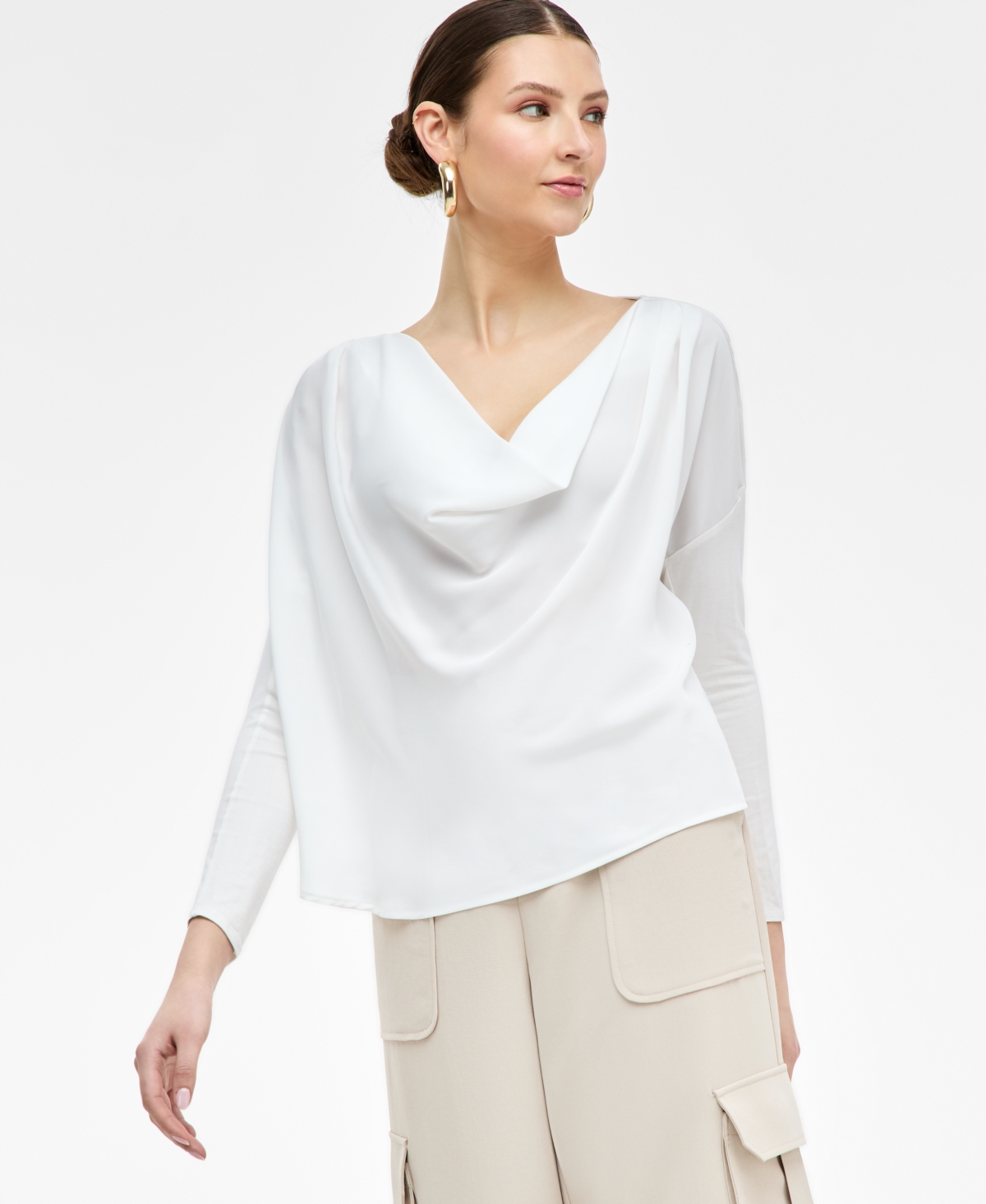 Women's Satin-Front Cowl-Neck Top, Exclusively at Macy's - Washed Whi