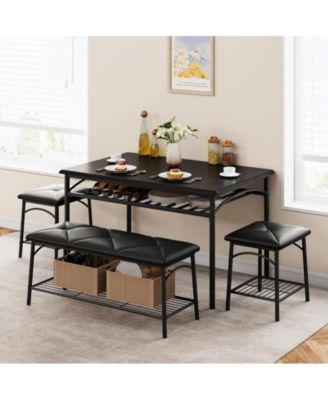 Dining Table with Benches, Kitchen Table Set for 4, Dining Room Table Set with Upholstered Bench and Square Stools, Metal and Wood Dining Table Set for 4 with Storage for Small Space-Vintage