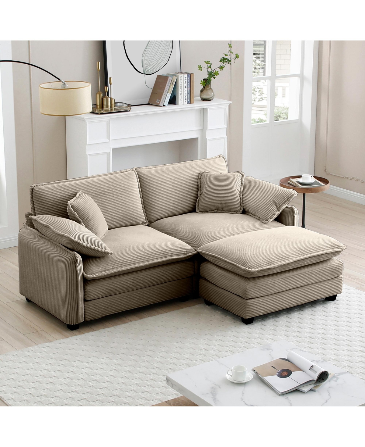 Streamdale Furniture Two-Seater Sofa with One Footrest, L-Shaped 2-Seater Sofa with Ottoman for Small Living SpacesCorduroy - Tan