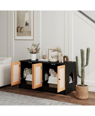 Cat Litter Box Enclosure w/ 2 Cabinets, Scratching Mats, Trays