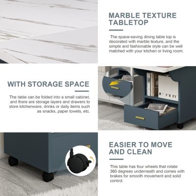 Folding Dining Table with Wheels, Storage, and Drawers