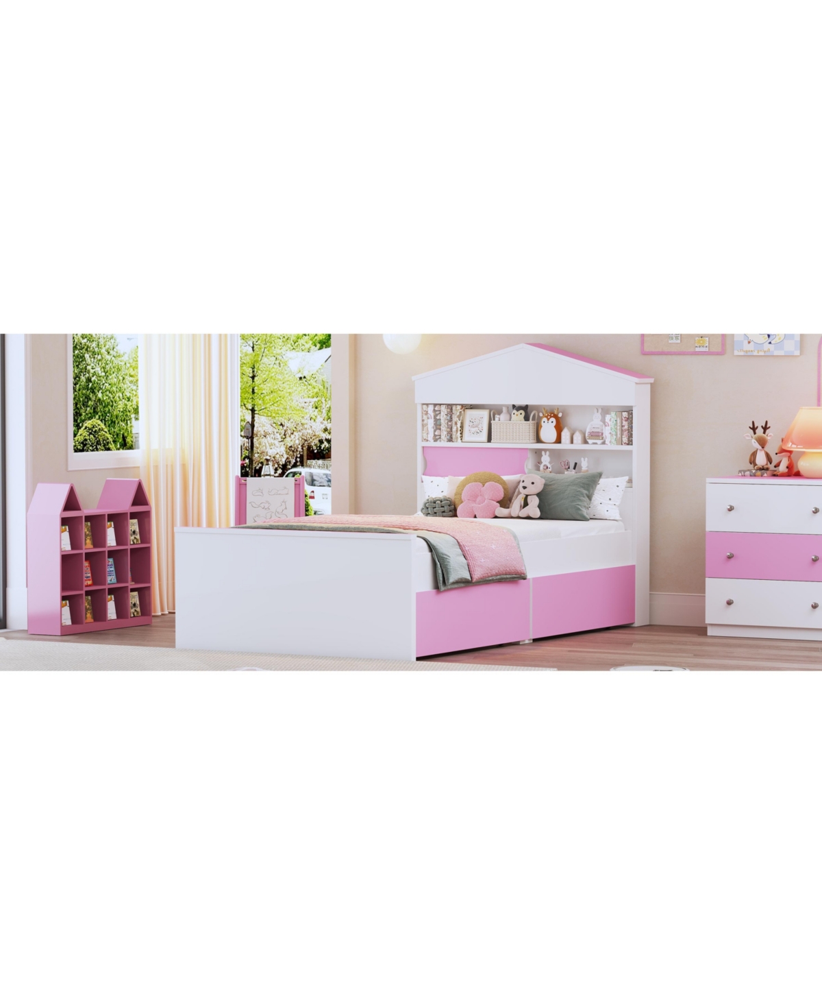 Streamdale Furniture Twin Size House-Shaped Wooden Bed with Storage Shelf on the Headboard, Built-in Two Storage Drawers, Pink - Pink+white