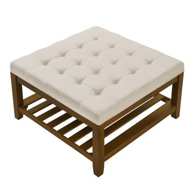 Tufted Linen Ottoman with Wood Shelf and Frame