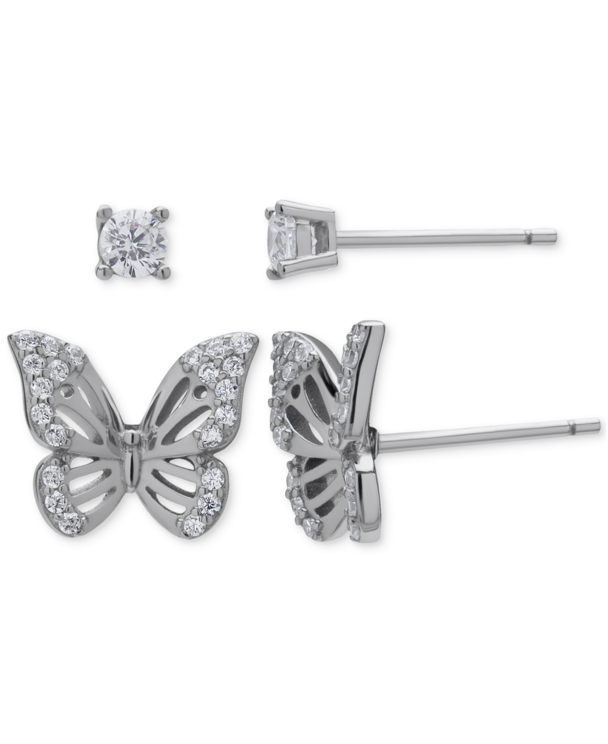 Macy's 2-pc. Set Lab Grown White Sapphire Butterfly & Solitaire Stud Earrings (3/4 Ct. T.w.) In Sterling Si In Silver