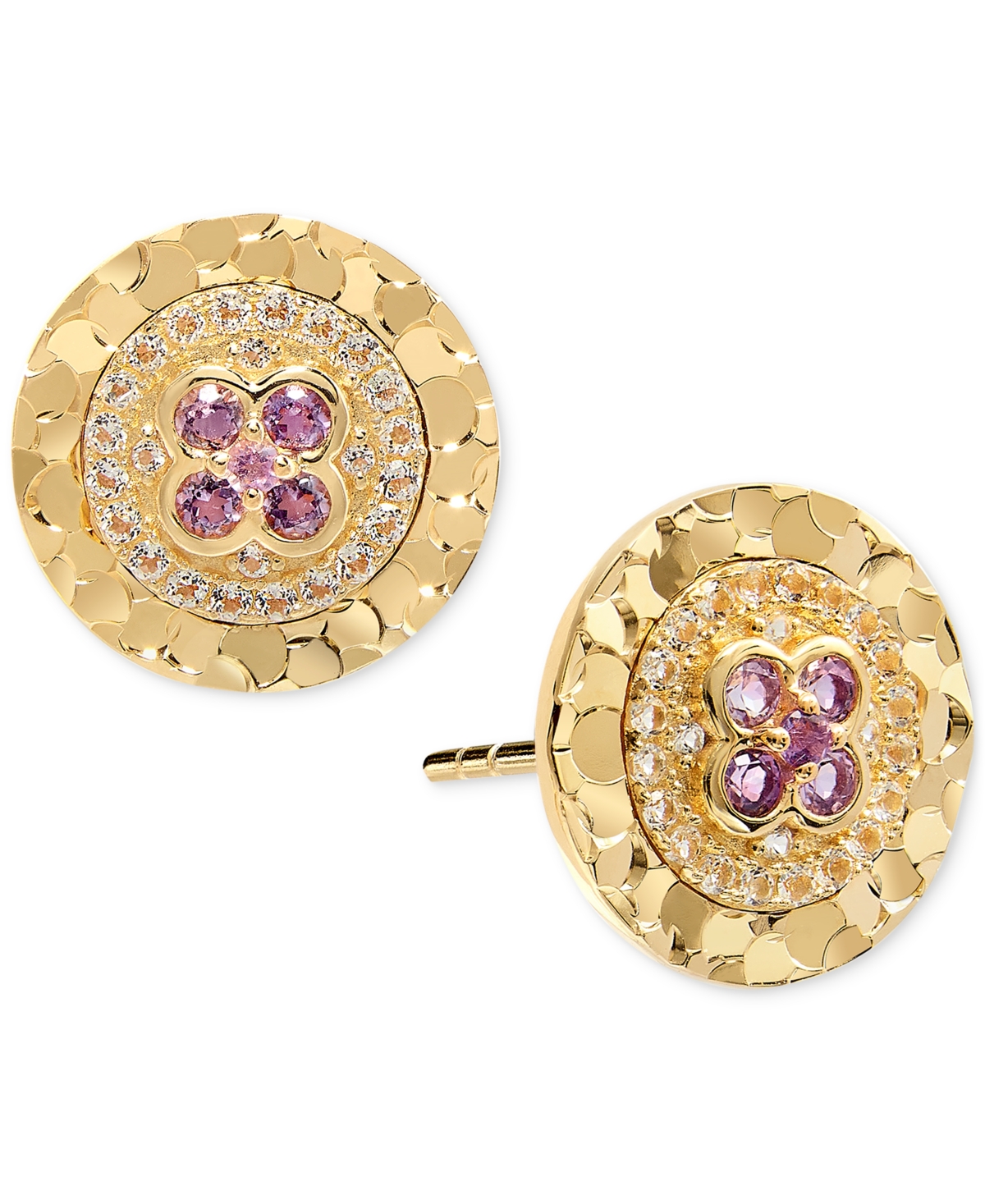 Macy's Amethyst (1/8 Ct. T.w.) & White Topaz (1/6 Ct. T.w.) Textured Frame Halo Stud Earrings In 14k Gold-p In Amethyst