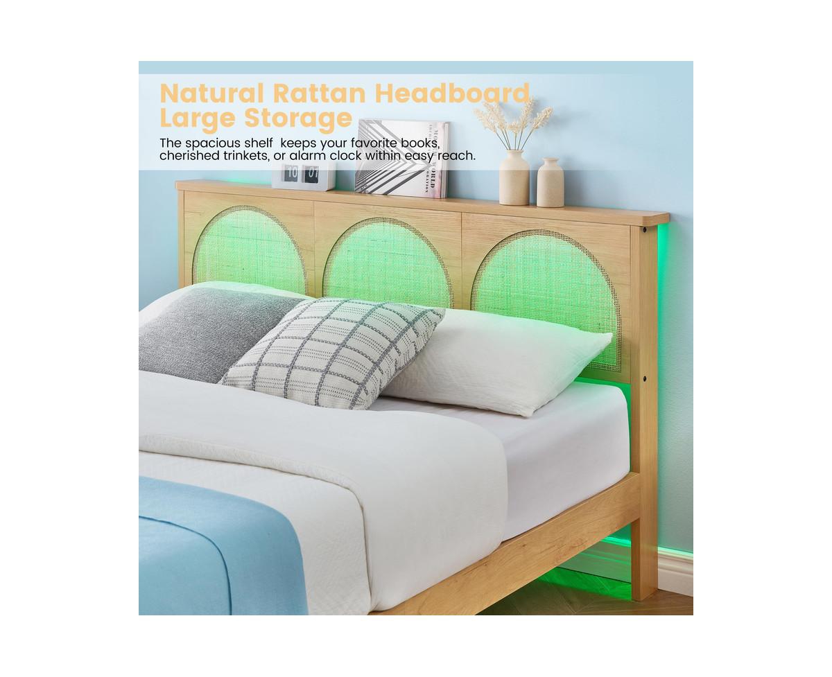 gaomon Rattan Size Bed Frame with Natural Rattan Headboard and Storage Drawers, Bed Frame with Led Strips and Strong Woode Slats Support, Be