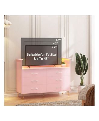 Dresser For Bedroom With Led Light & Charging Station, 6 Wooden Drawers Dressers With 2-Tier Open Shelves, Modern Chest Of Double Wide Drawers For Living Room, Entryway, Hallway TV Stand