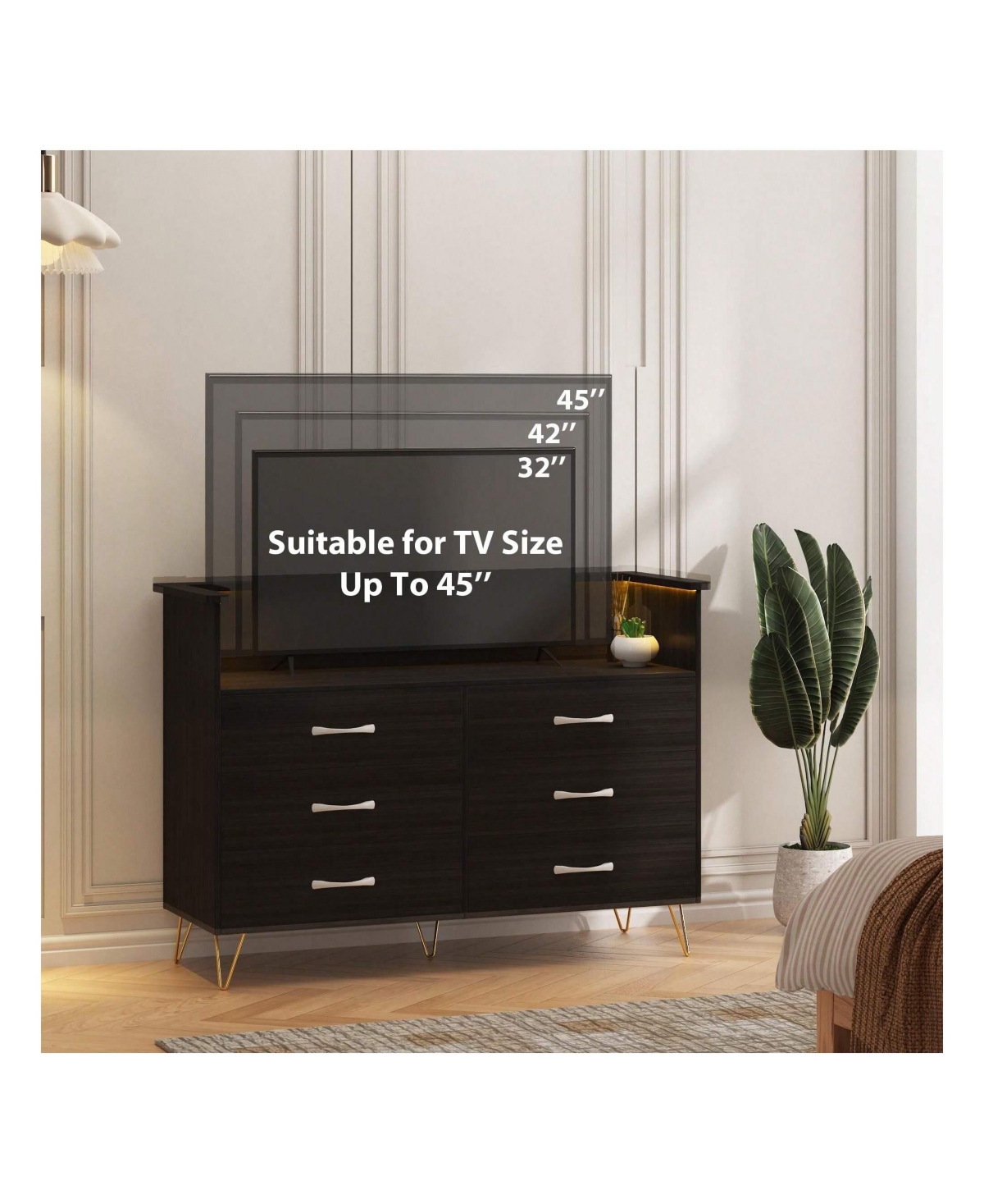 gaomon Dresser For Bedroom With Led Light & Charging Station, 6 Wooden Drawers Dressers With 2-Tier Open Shelves, Modern Chest Of Double Wide Drawers
