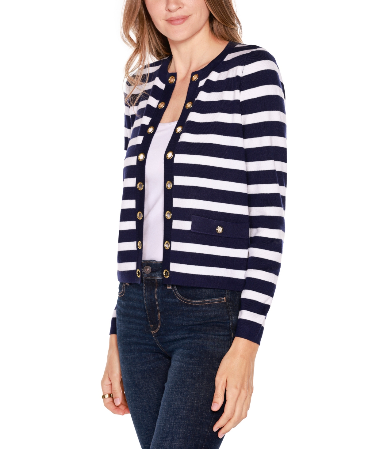 Belldini Women's Black Label Nautical Stripe Open-front Cardigan Sweater In Twilight Blue,gold