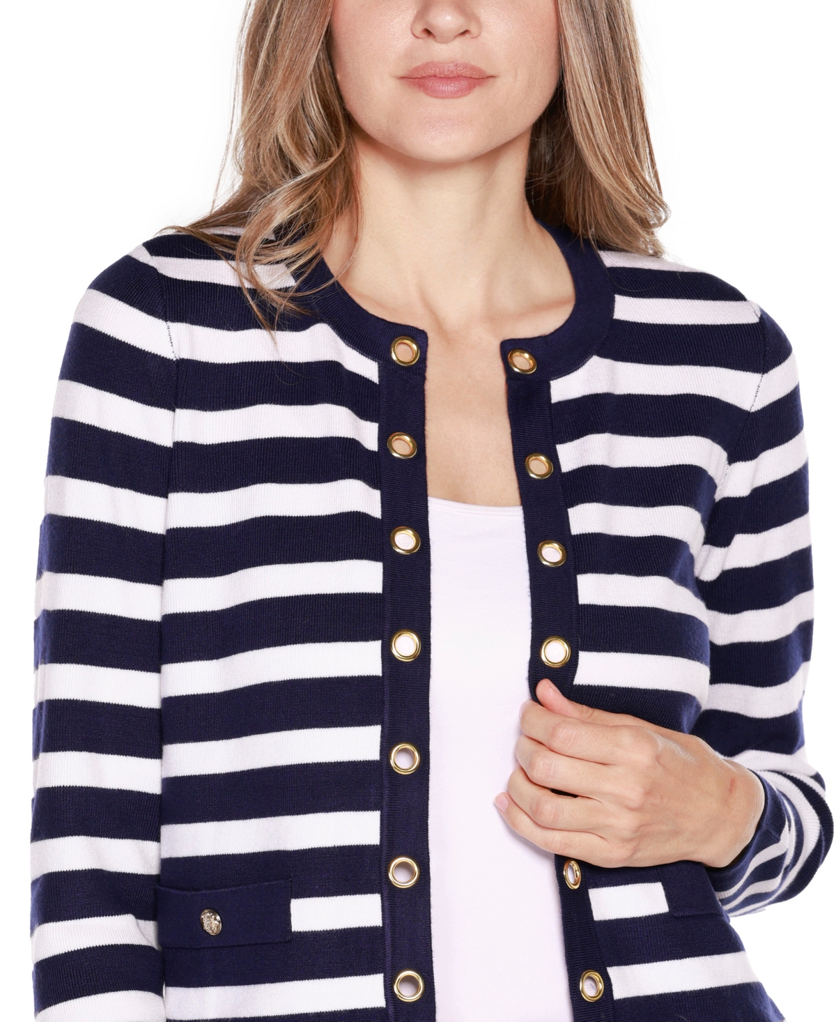 Belldini Women's Black Label Nautical Stripe Open-front Cardigan Sweater In Twilight Blue,gold
