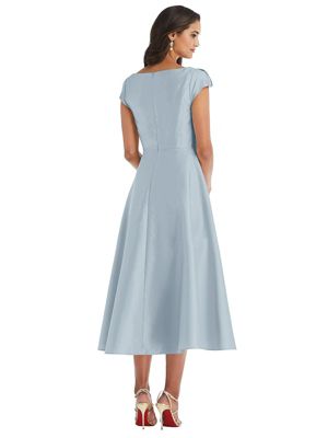 Plus Size Puff Cap Sleeve Full Skirt Satin Midi Dress