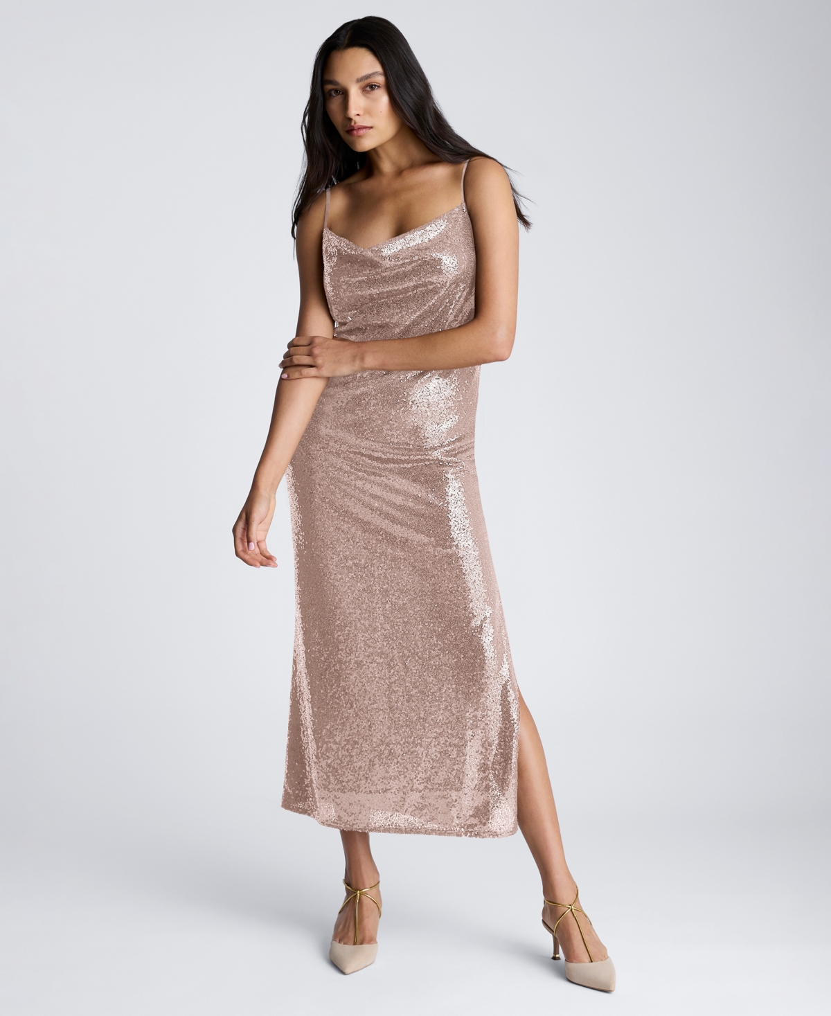 Kenneth Cole Sequin Cowl Neck Midi Slipdress In Rose Shimmer