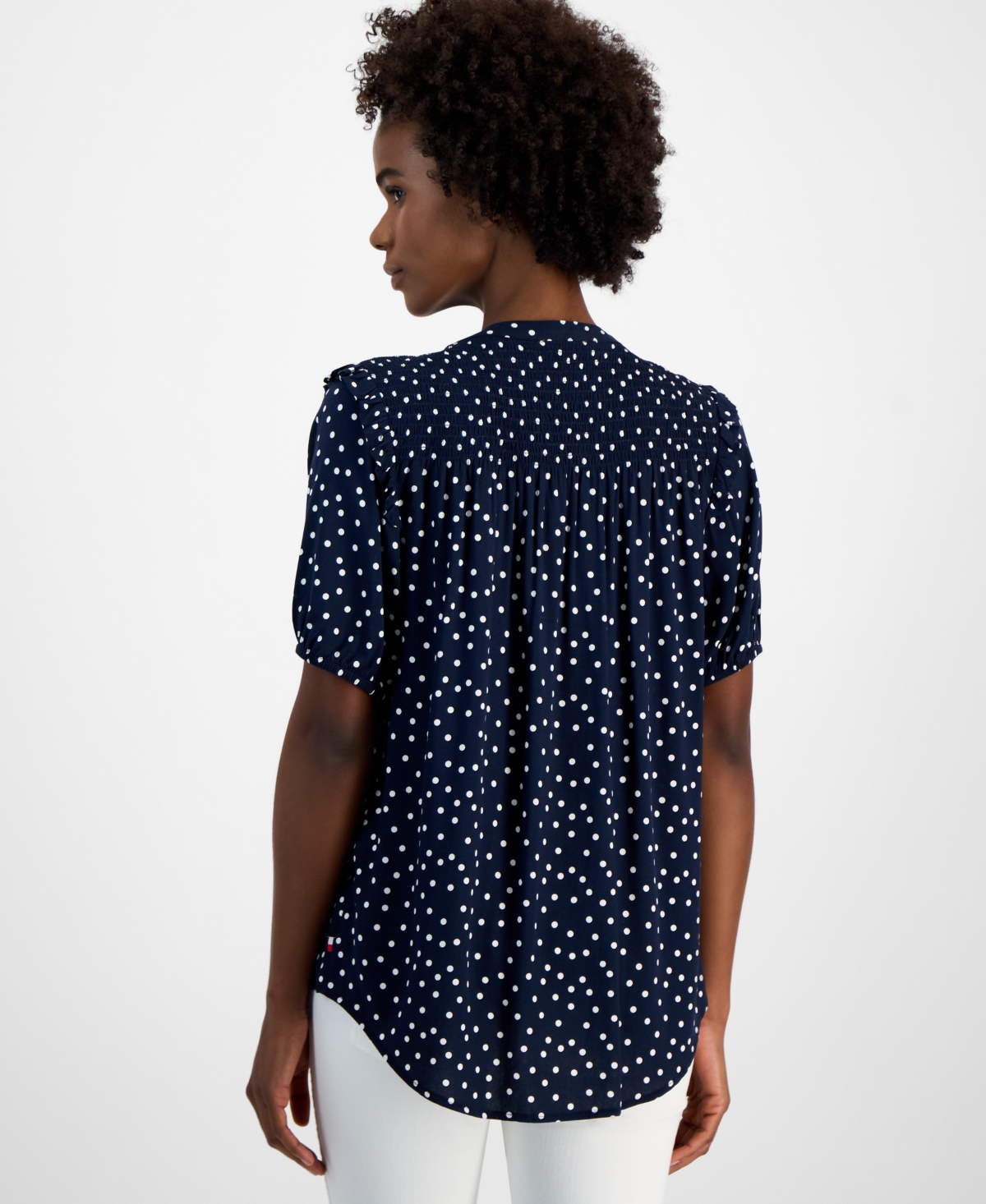 Tommy Hilfiger Women's Dot-print Smocked-yoke Shirt In Sky Captain,bright White
