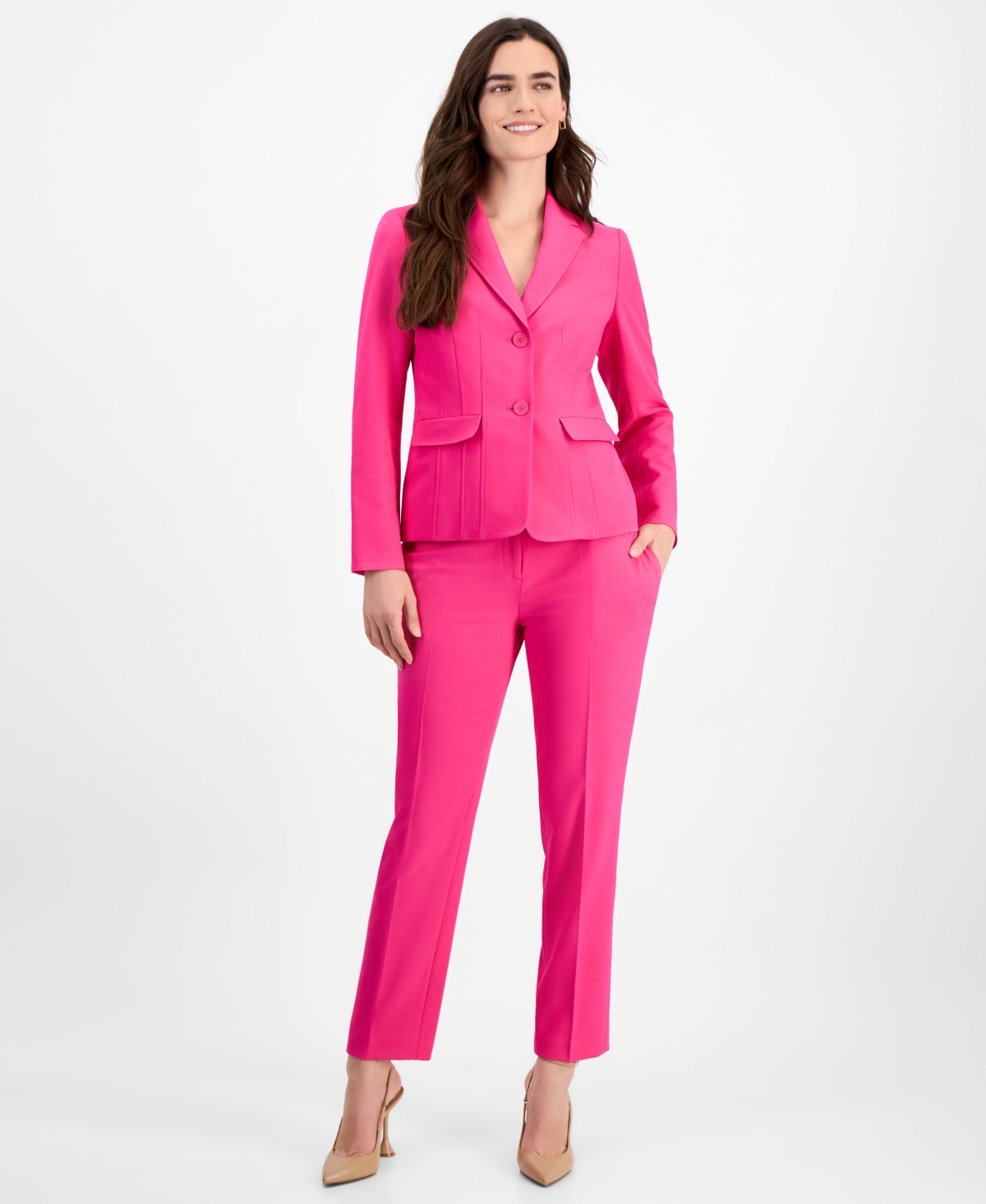 Women's Notch-Collar Two-Button Seamed Jacket & Fly-Front Straight-Leg Pants, Regular & Petite - Lipstick