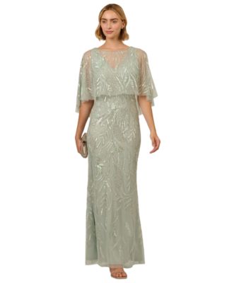 Adrianna Papell - Women's Beaded Cape V-Neck Long Gown