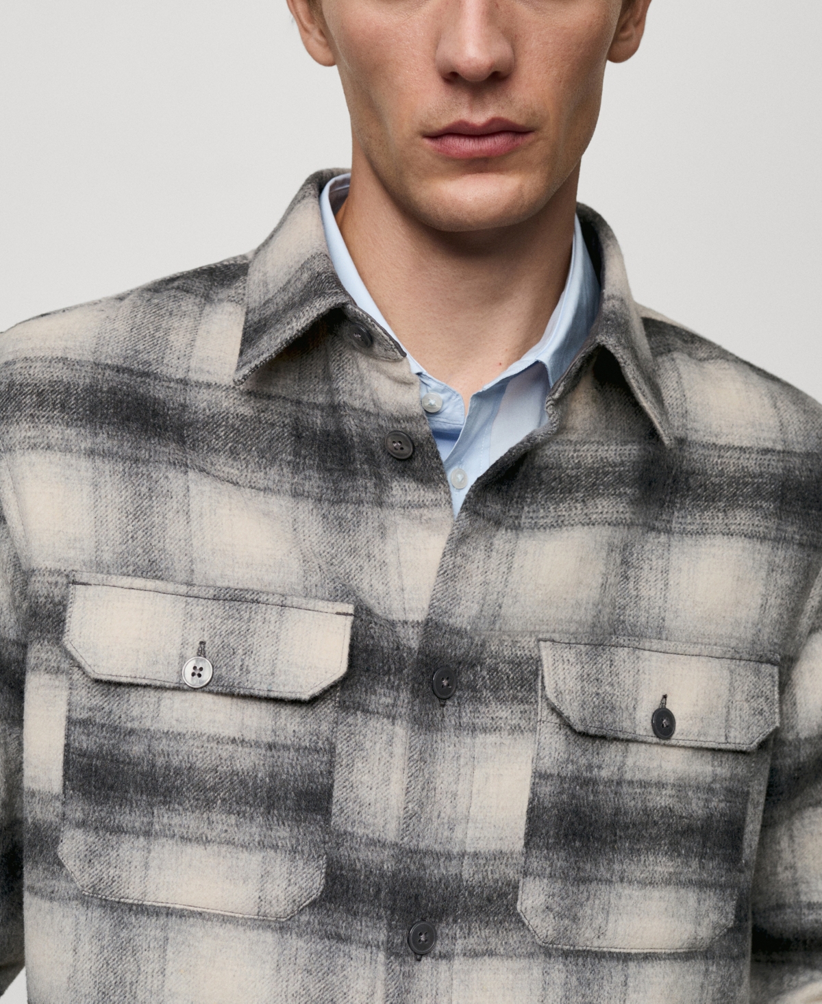 Mango Men's Pockets Detail Plaid Wool Overshirt In Gray