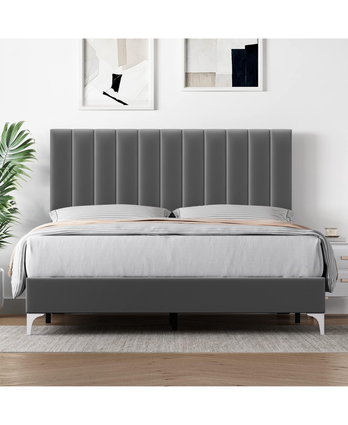 gaomon Size Bed Frame with Adjustable Headboard, Velvet Upholstered Platform Bed Frame