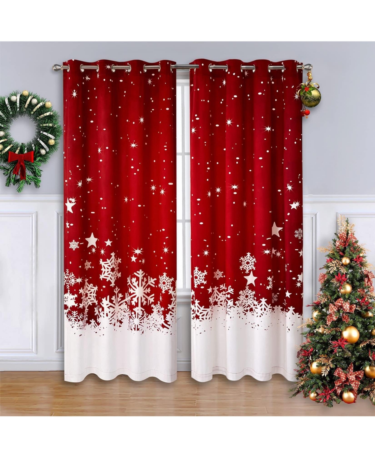 Christmas Curtains, Set of 2 Velvet Panels, 95" Long Floral Snowflake Thermal Insulated Room Darkening Curtains, 52 x 95 Inches