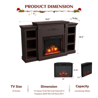 70" TV Stand with 28" Fireplace - 99lb Top, Remote, 4 Flame, 5000 BTU Heat, Timer & Safety