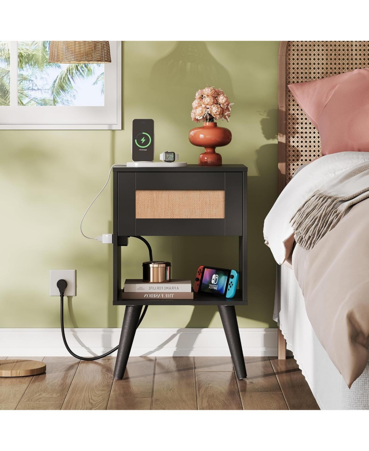 Wlive Night Stand with Charger Station Rattan Side Table with Drawer and Storage Shelf Bedside Table for Bedroom Mid Century Nightstand for Small Spac