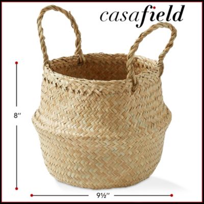 Seagrass Belly Basket with Handles - Small, Natural Woven Storage Bin Planter for Home Decor, Indoor Plant Pot Cover
