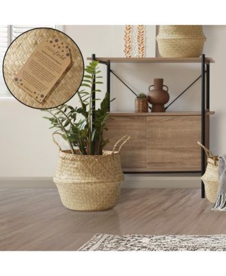 Seagrass Belly Basket with Handles - Large, Natural Woven Storage Bin Planter for Home Decor, Indoor Plant Pot Cover