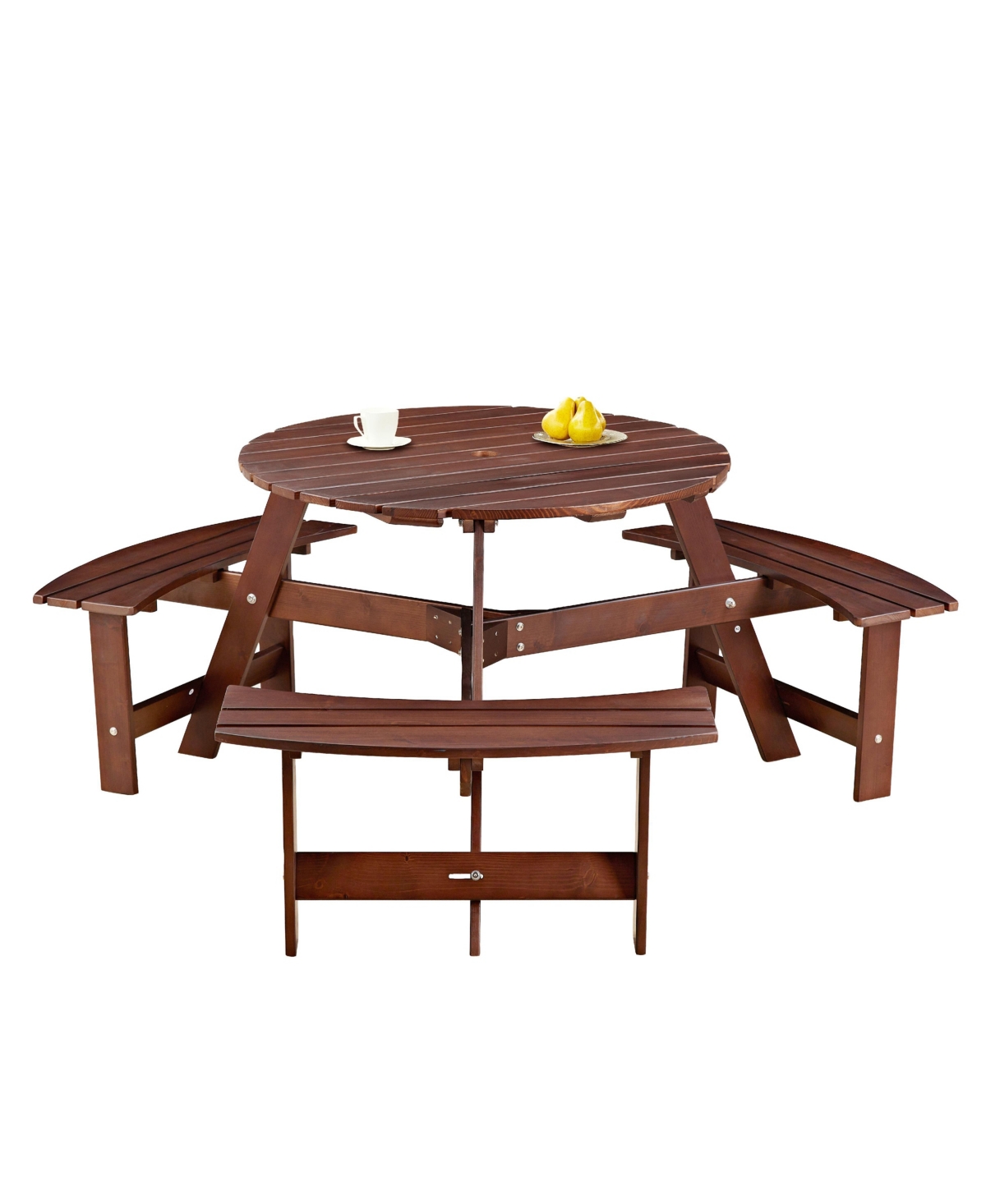 Slickblue Outdoor 6-Person Round Picnic Table with 3 Built-In Benches – Umbrella Hole, Ideal for Garden, Backyard, Porch